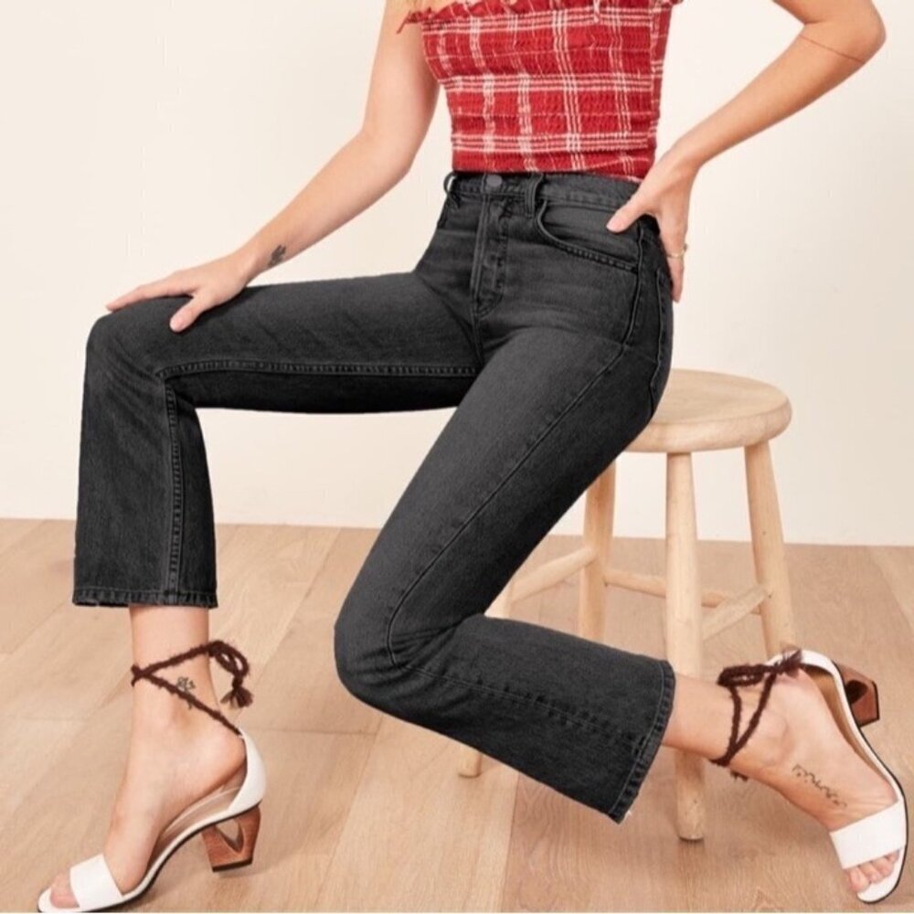 Reformation Women's Sz 24 Jordi Kick Flare Mid Rise Crop/Ankle Jeans Black Denim